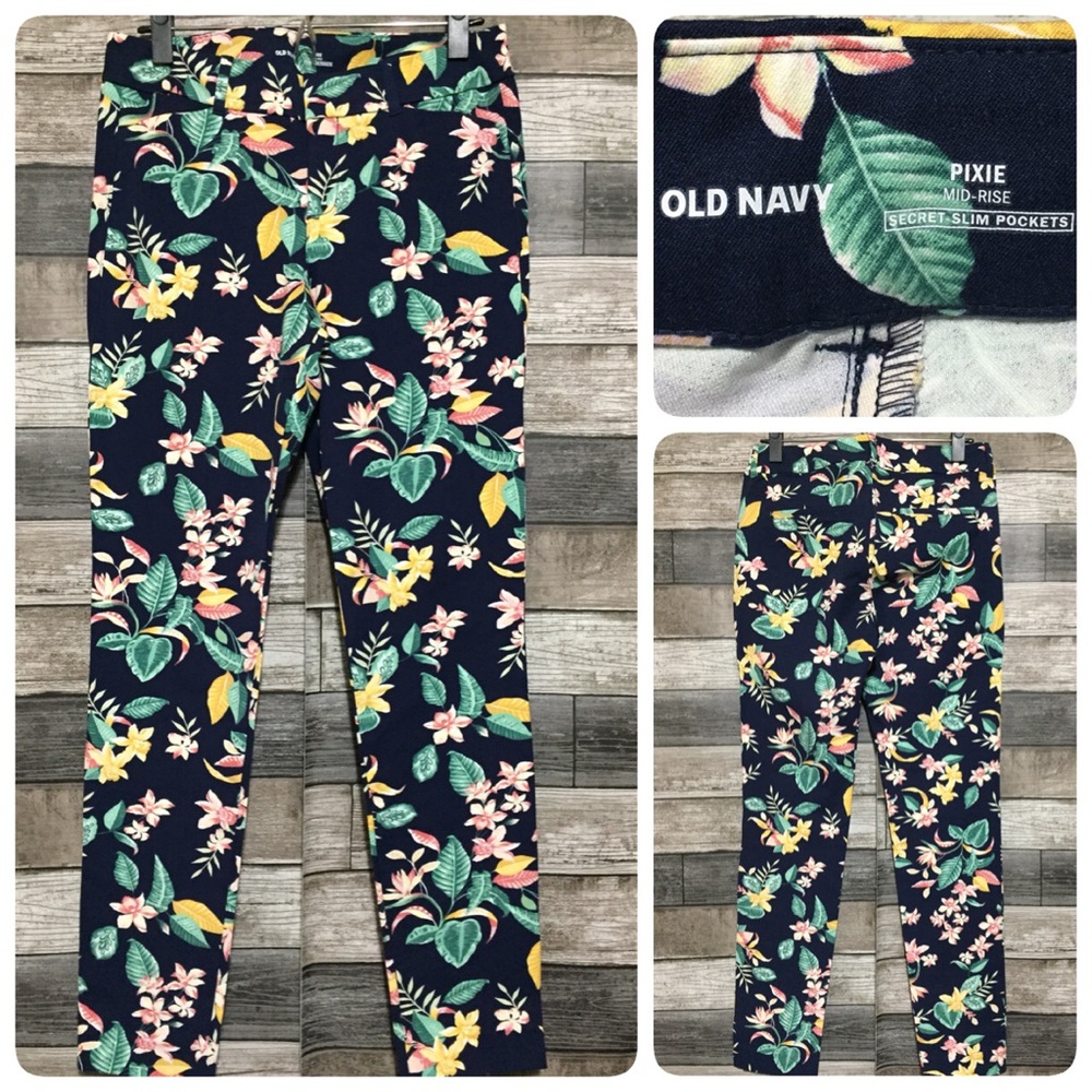 Old Navy Pixie Floral Pants Women’s 6 Navy Blue Mid Rise Stretch (Inseam 29)